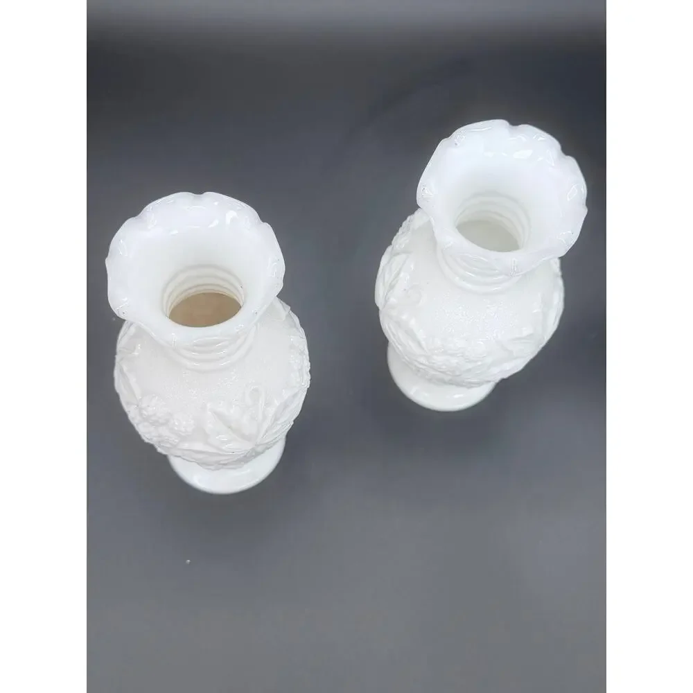 Pair Vintage Imperial Loganberry White Milk Glass Vases 6.25 Inch Ruffled